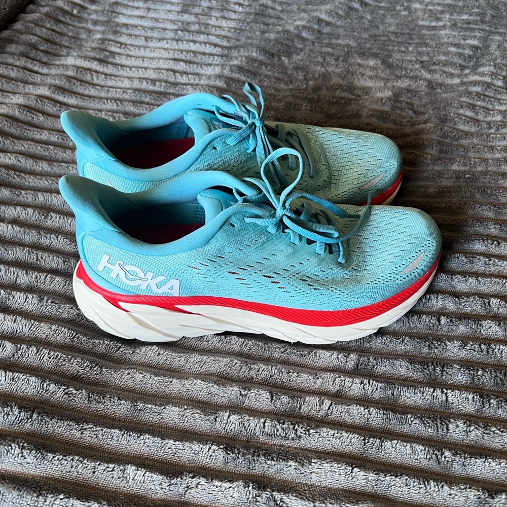 HOKA One One Women's Clifton 8 Aqua Red Running Shoes Size 8.5 B Reg Width